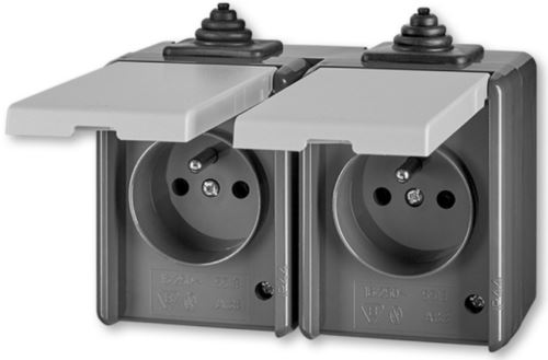 ABB PRAKTIK venkovní dvojzásuvka IP44 s víčky, průběžná, 5518-2069 S šedá
