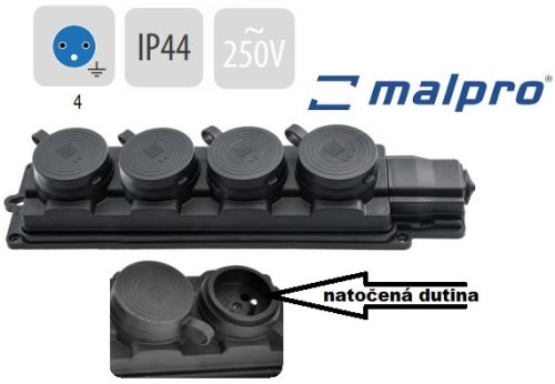 Zásuvka gumová 4-násobná 16A/230V IP44 černá D.3159M/4 MALPRO