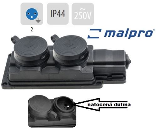Zásuvka gumová 2-násobná 16A/230V IP44 černá D.3159M/2 MALPRO