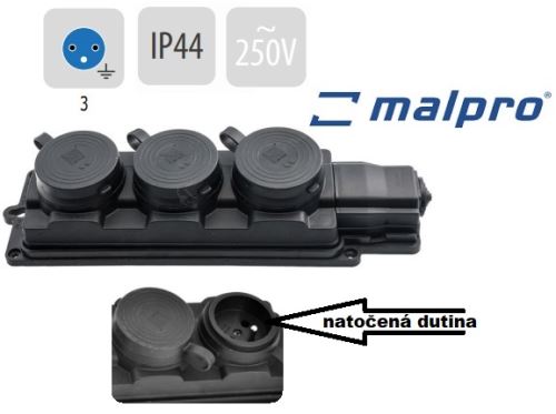 Zásuvka gumová 3-násobná 16A/230V IP44 černá D.3159M/3 MALPRO