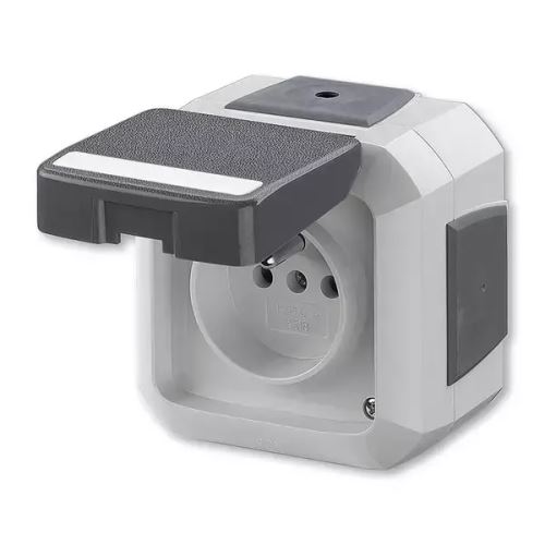 ABB VARIANT+ venkovní zásuvka IP54 s víčkem, popisovým polem, průběžná, 5519N-C02542 S šedá, bezšroubové svorky